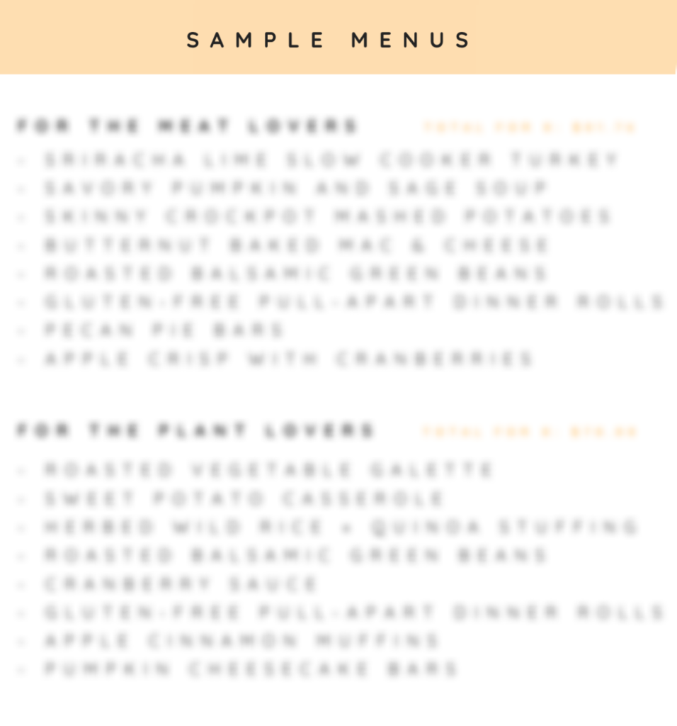 Sample meat lovers and plant lovers thanksgiving menu